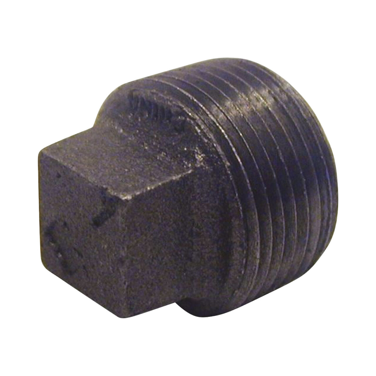 A close-up of the Go Build 1/2 in. Black Malleable Iron Plug, featuring a square head and durable threaded design for sealing pipe ends. Shown on a plain white background. Brand: Go Build, The Fastest Way To Build.